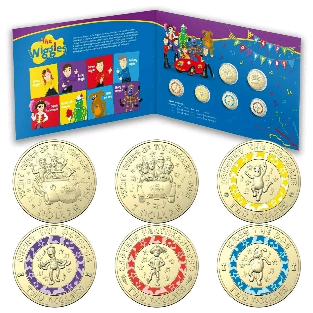 2021 30th Anniversary of The Wiggles Coin Set (6 coins: 4x $2 coloured + 2x $1)