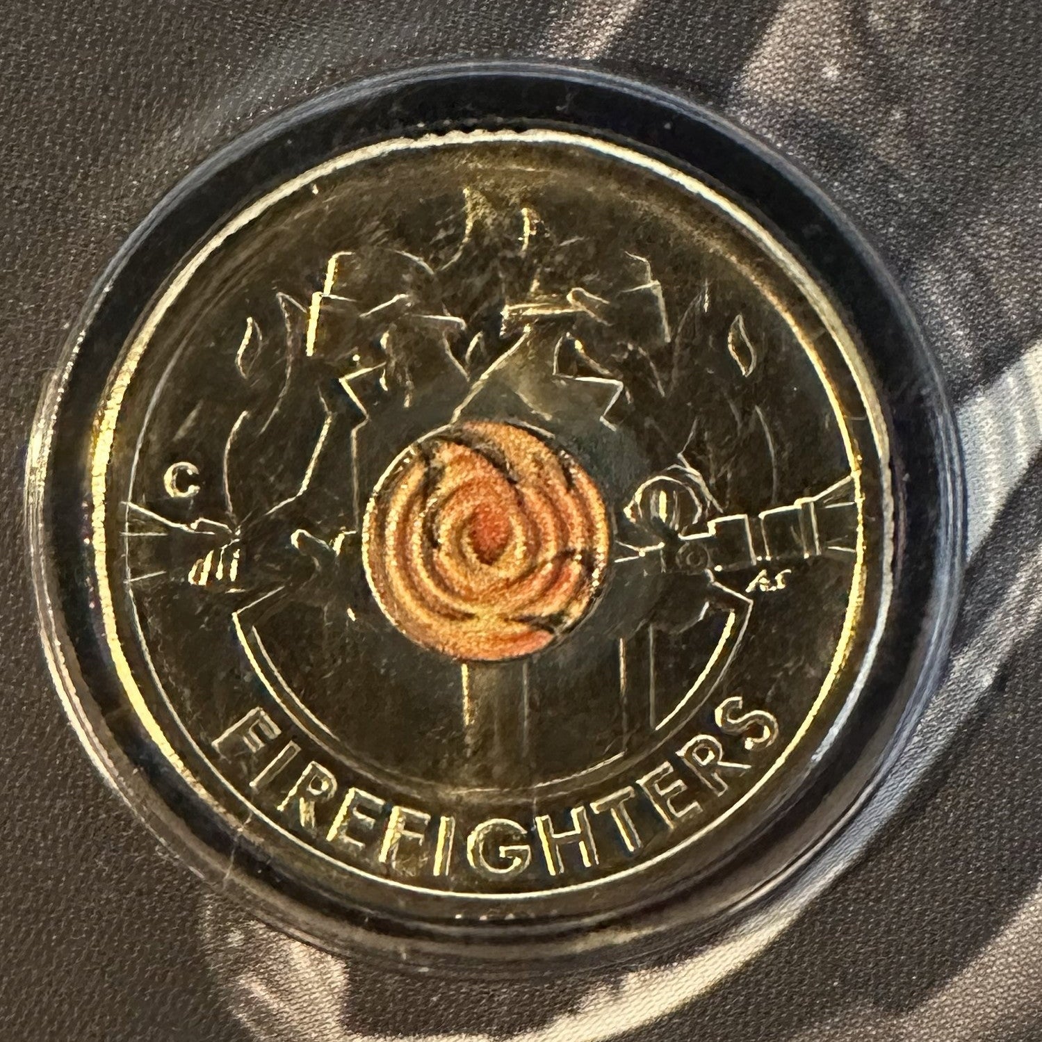 2020 $2 C Mintmark Firefighters coloured coin reverse
