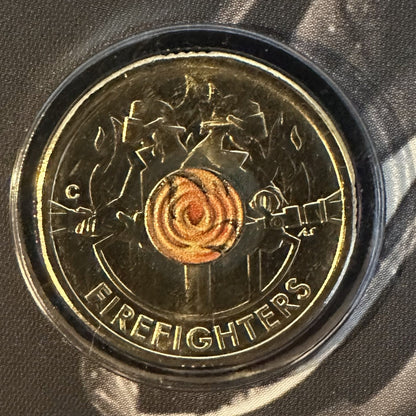 2020 $2 C Mintmark Firefighters coloured coin reverse
