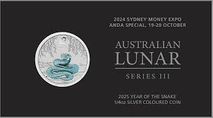 2025 Australian Lunar Series III Year of the Snake 1/4oz Silver Coloured Coin Sydney Money Expo ANDA Special